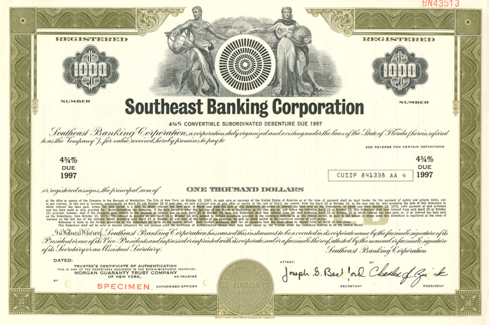 Southeast Banking Corporation - $1000 Specimen Bond